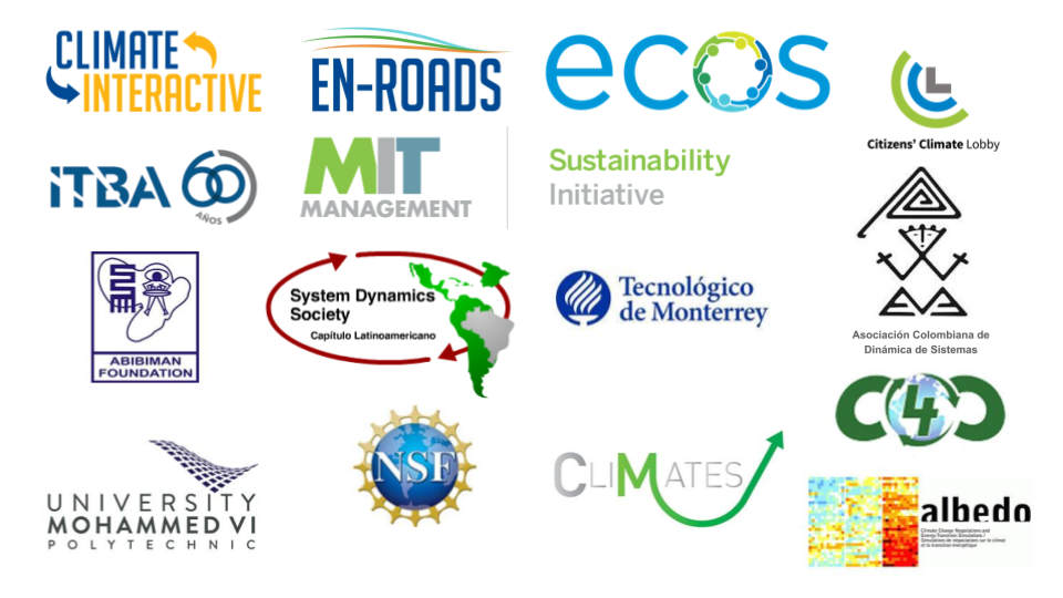 Imagen con los logos del MIT, Climate Interactive, ITBA, Capitulo Latam de dinamica de sistemas, asociacion colombiana de dinamica de sistemas, ITESM, NSF, Mohammed VI university, Albedo, Climates, C4D, Citizens Climate Lobby, y ECOS